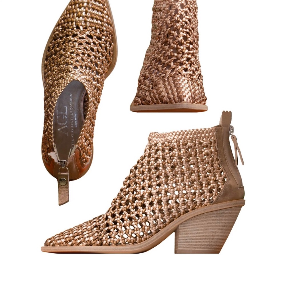 Rose gold synthetic leather woven Texan ankle boots in excellent condition.